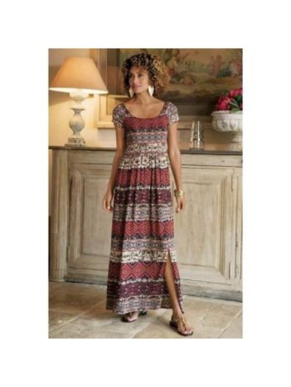 Soft Surroundings Women SP Marcelo Maxi Dress Boho Floral Smocked Stretch Red